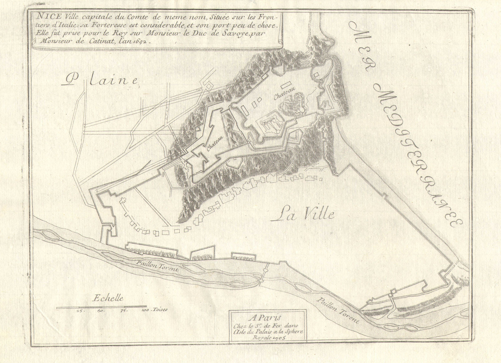 Nice. Plan of town/city & fortifications. Alpes Maritimes. DE FER 1705 old map